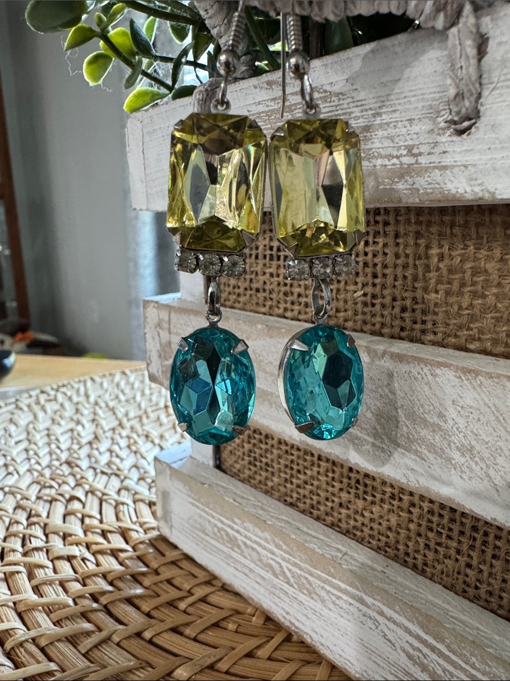 Yellow and Teal Crystal Drop Earrings -Costume jewelry - Picture 2 of 10